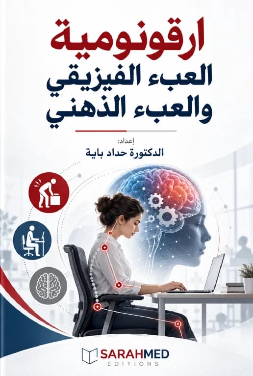 Writing غلاف كتاب «ارقونومية العبء الفيزيقي والعبء الذهني» للدكتورة حداد باية. يُظهر التصميم امرأة تعمل أمام حاسوب، مع تمثيل بصري للدماغ والعمليات الذهنية ورموز مرتبطة بوضعيات العمل. يعتمد الغلاف الألوان الأحمر الداكن والأزرق والأبيض، ويحمل شعار دار SARAHMED Éditions. ISBN 978-9969-17-017-7