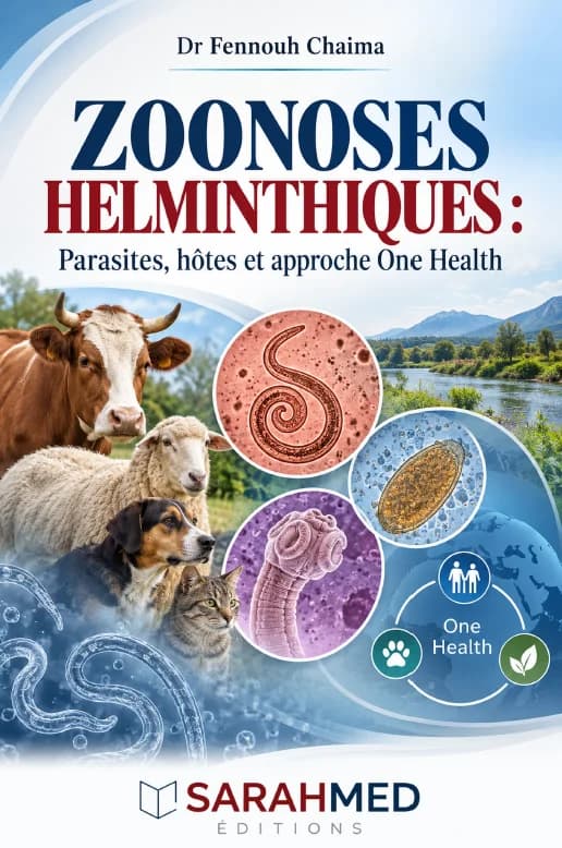 Cover of Zoonoses helminthiques : Parasites, hôtes et approche One Health, by Dr Fennouh Chaima. The illustration combines domestic animals, helminth parasites and natural environments against a blue background. The title appears in dark blue and burgundy, with the SARAHMED Éditions logo at the bottom.